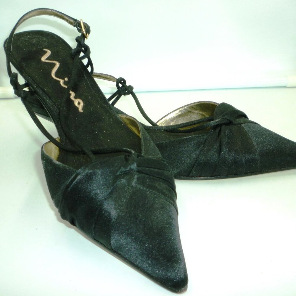 DRESSY SATIN OPEN BACK LOW KITTY HEEL OPEN BACK SHOES SANDALS BY NINA 7.5